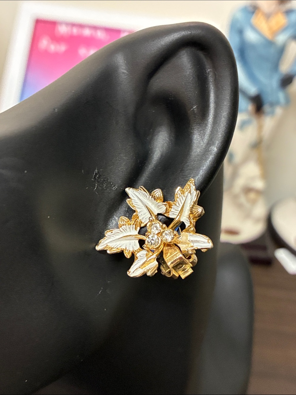 Vintage 1960s Gold and White Leaf Floral Enamel + CZ Clip-On Earrings